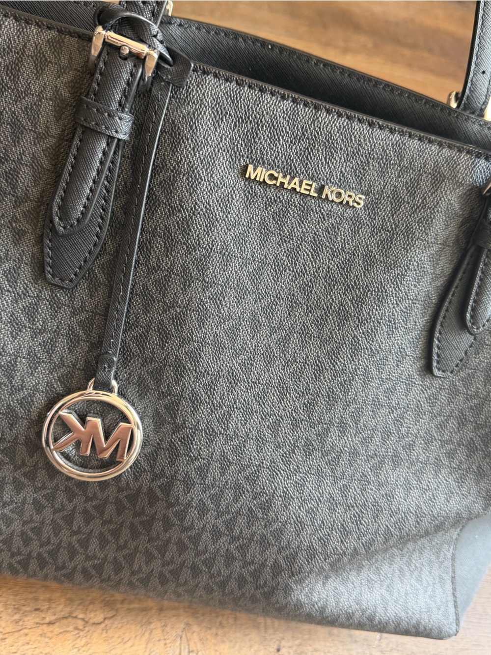 Michael Kors Gray/Black MK Logo Tote with Silver Charm